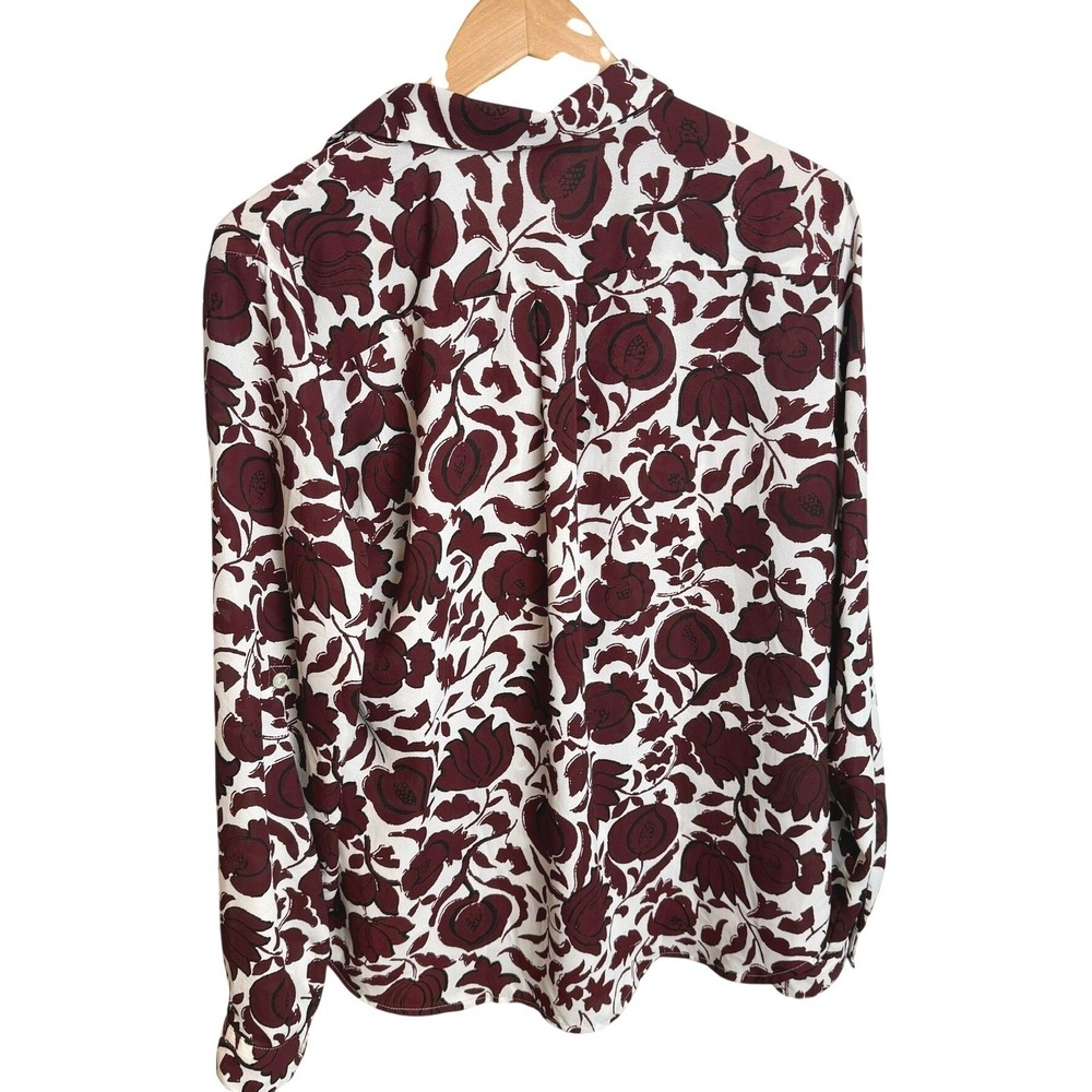 LOFT Office Blouse M Burgundy Ivory Floral Pomegranate Button Down Bold Travel‎